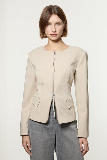 Tailored Viscose Zip Through Multi Stitch Jacket stone