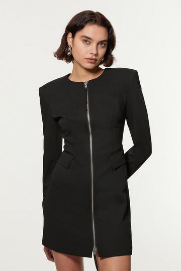 Black Tailored Viscose Zip Through Multi Stitch Mini Dress