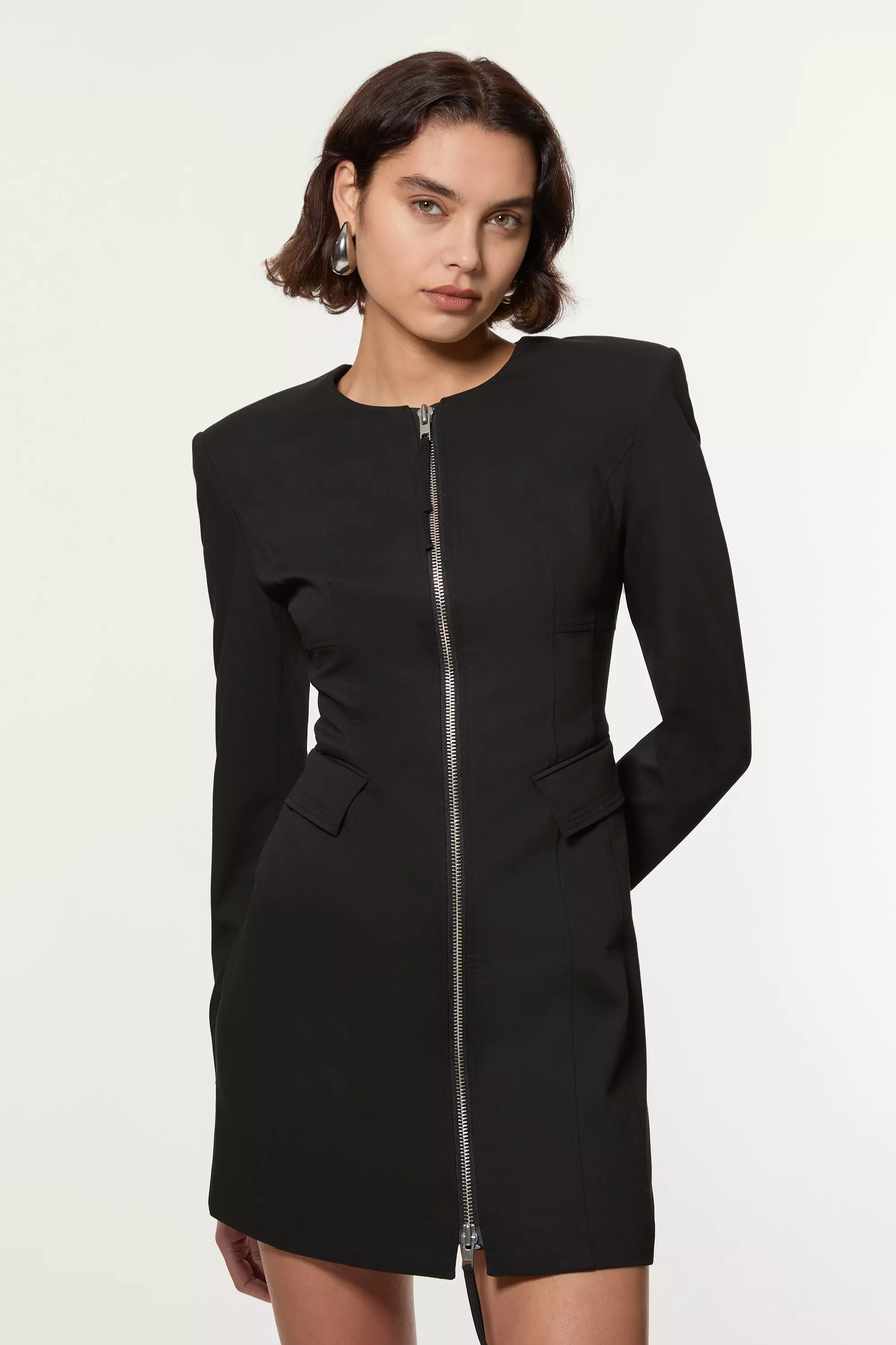Black Tailored Viscose Zip Through Multi Stitch Mini Dress alternative image