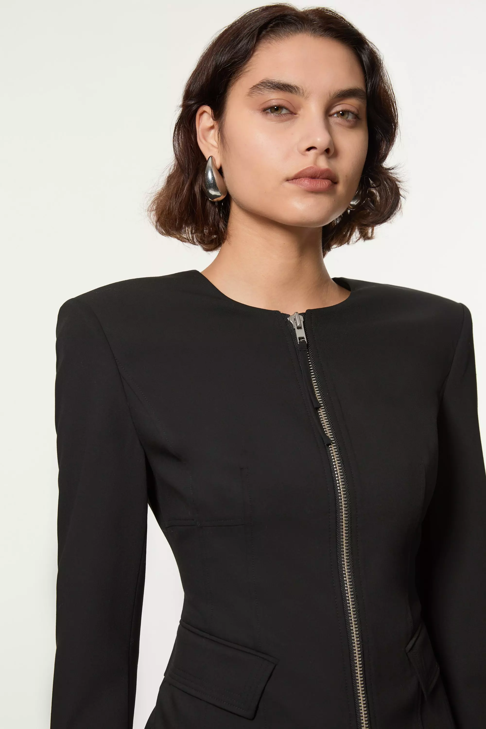 Black Tailored Viscose Zip Through Multi Stitch Mini Dress alternative image