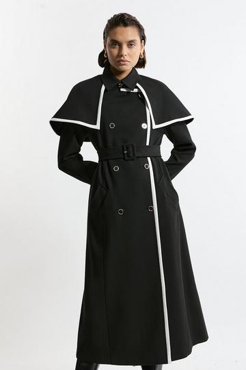 Black Compact Stretch Contrast Tipped Cape Trench Tailored Midi Coat