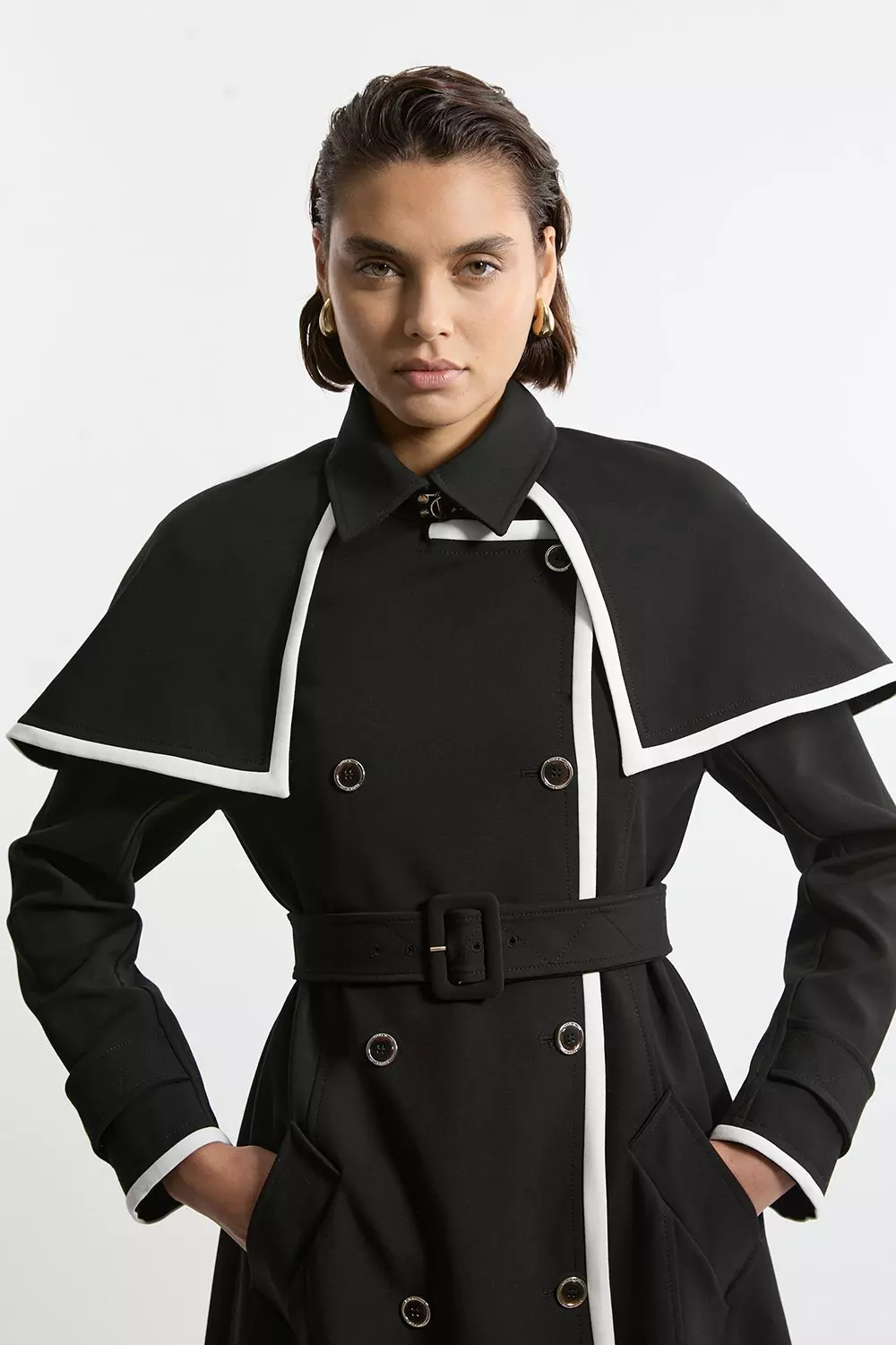 Compact Stretch Contrast Tipped Cape Trench Tailored Midi Coat | Karen  Millen