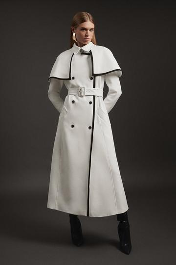 Compact Stretch Contrast Tipped Cape Trench Tailored Midi Coat ivory