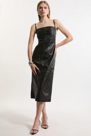 Black Leather Clean Minimal Strappy Pencil Dress