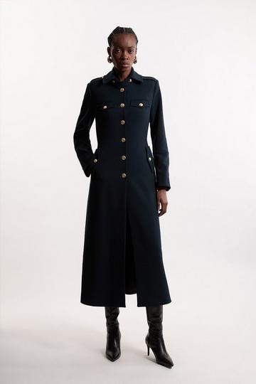 Compact Stretch Military Tailored Maxi Coat navy