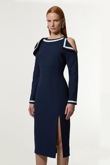 Compact Stretch Contrast Tipped Bardot Tailored Midi Dress navy