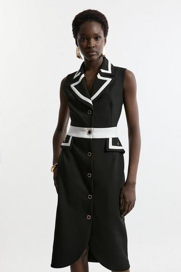 Black Compact Stretch Contrast Tipped Belted Tailored Midi Dress