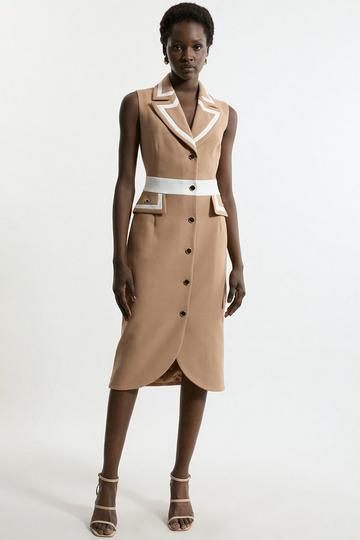 Compact Stretch Contrast Tipped Belted Tailored Midi Dress camel