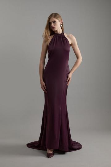 Petite Premium Satin Halter Neck Tailored Maxi Dress plum