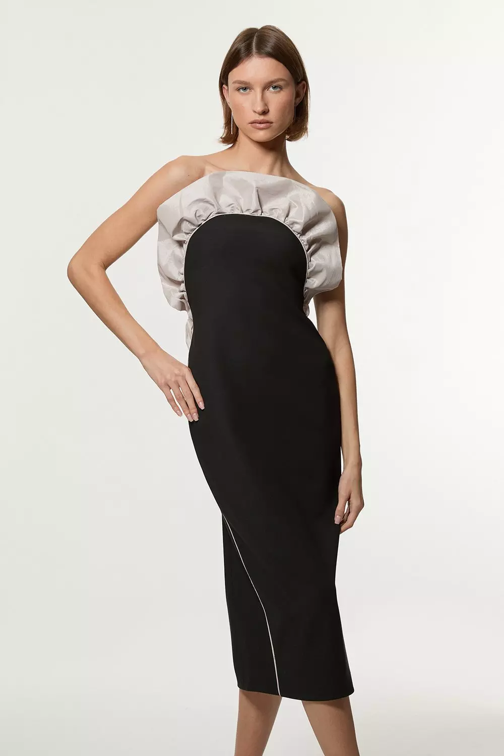 Black Tall Ruffle Taffeta Stretch Crepe Bandeau Tailored Midi Dress alternative image