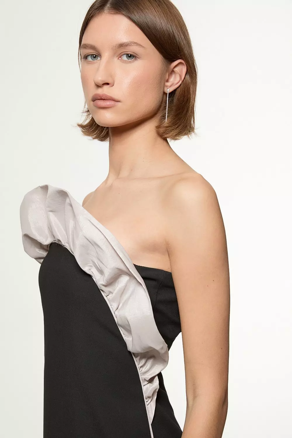 Black Tall Ruffle Taffeta Stretch Crepe Bandeau Tailored Midi Dress alternative image