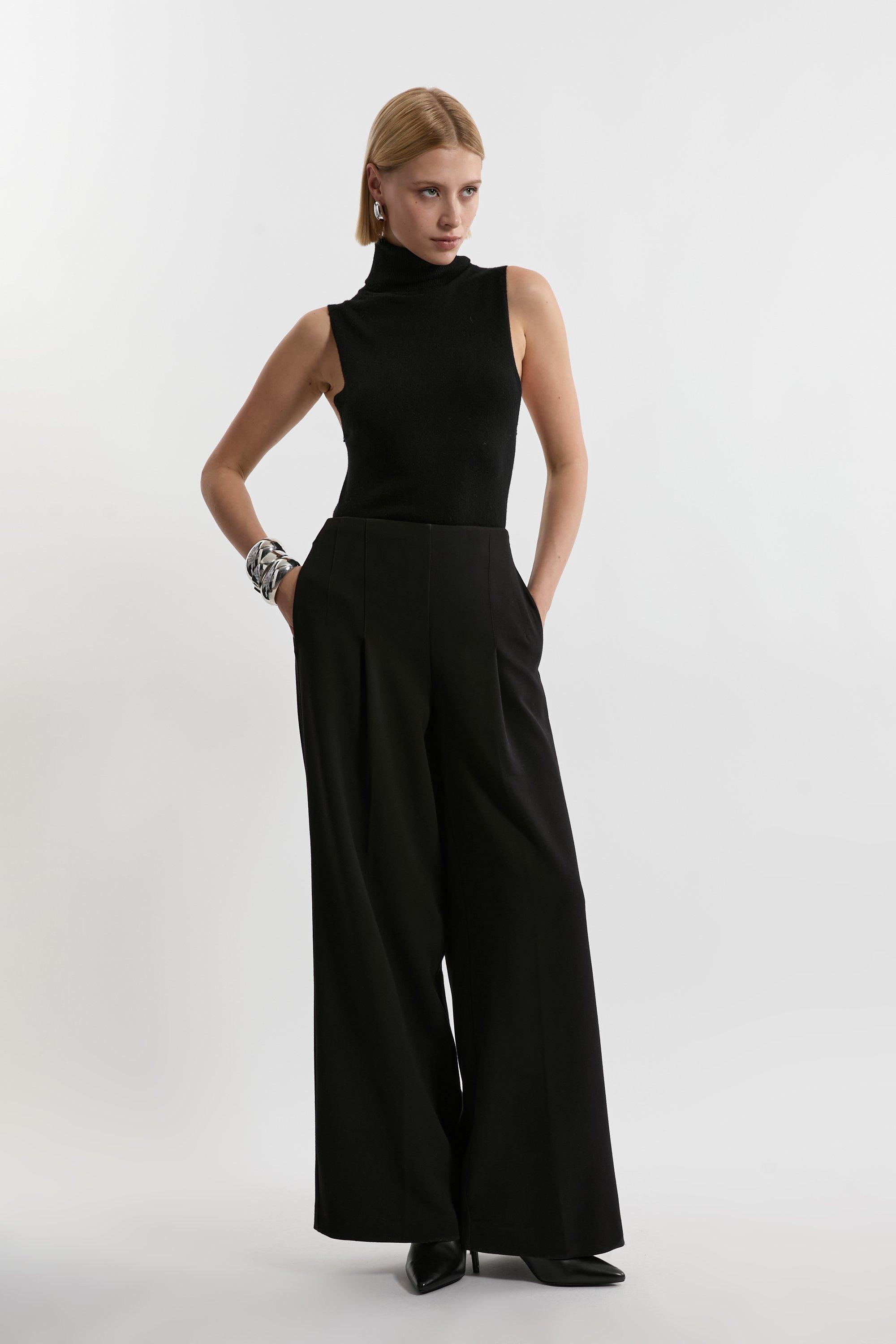 Black Compact Stretch Essential Wide Leg Tailored Trouser