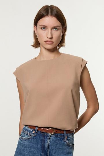 Compact Stretch Essential Tailored Multi Stitch Detail Longline Top camel