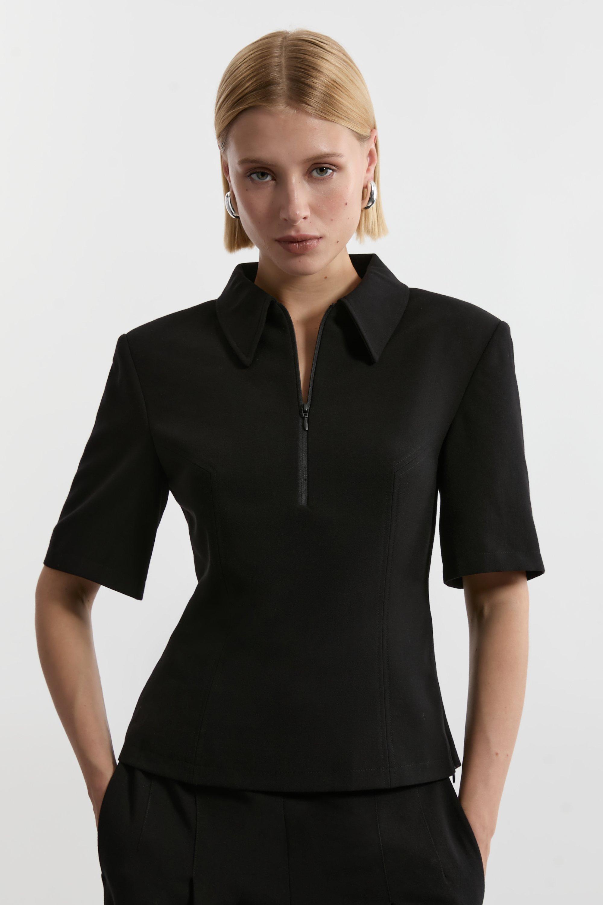 Black Compact Stretch Essential Tailored Collar Top