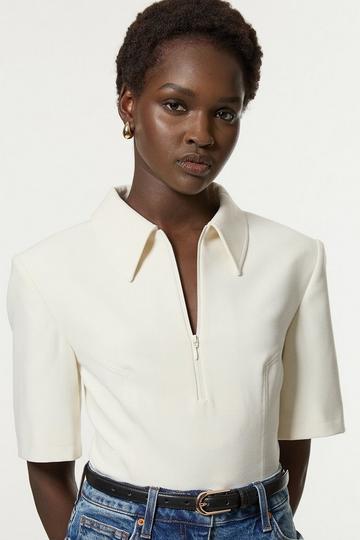 Compact Stretch Essential Tailored Collar Top ivory