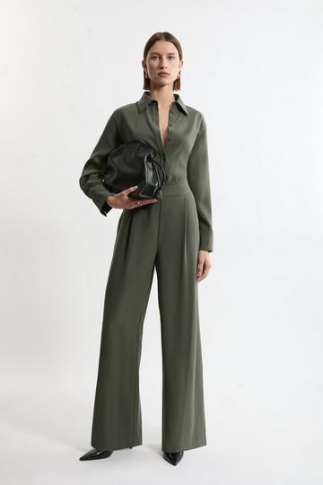 Tailored Crepe Essential Wide Leg Trouser khaki