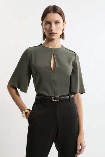 Khaki Tailored Crepe Essential Short Sleeve Top