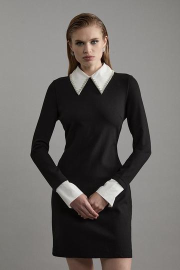 Long Sleeve Embellished Collar Mini Woven Dress mono