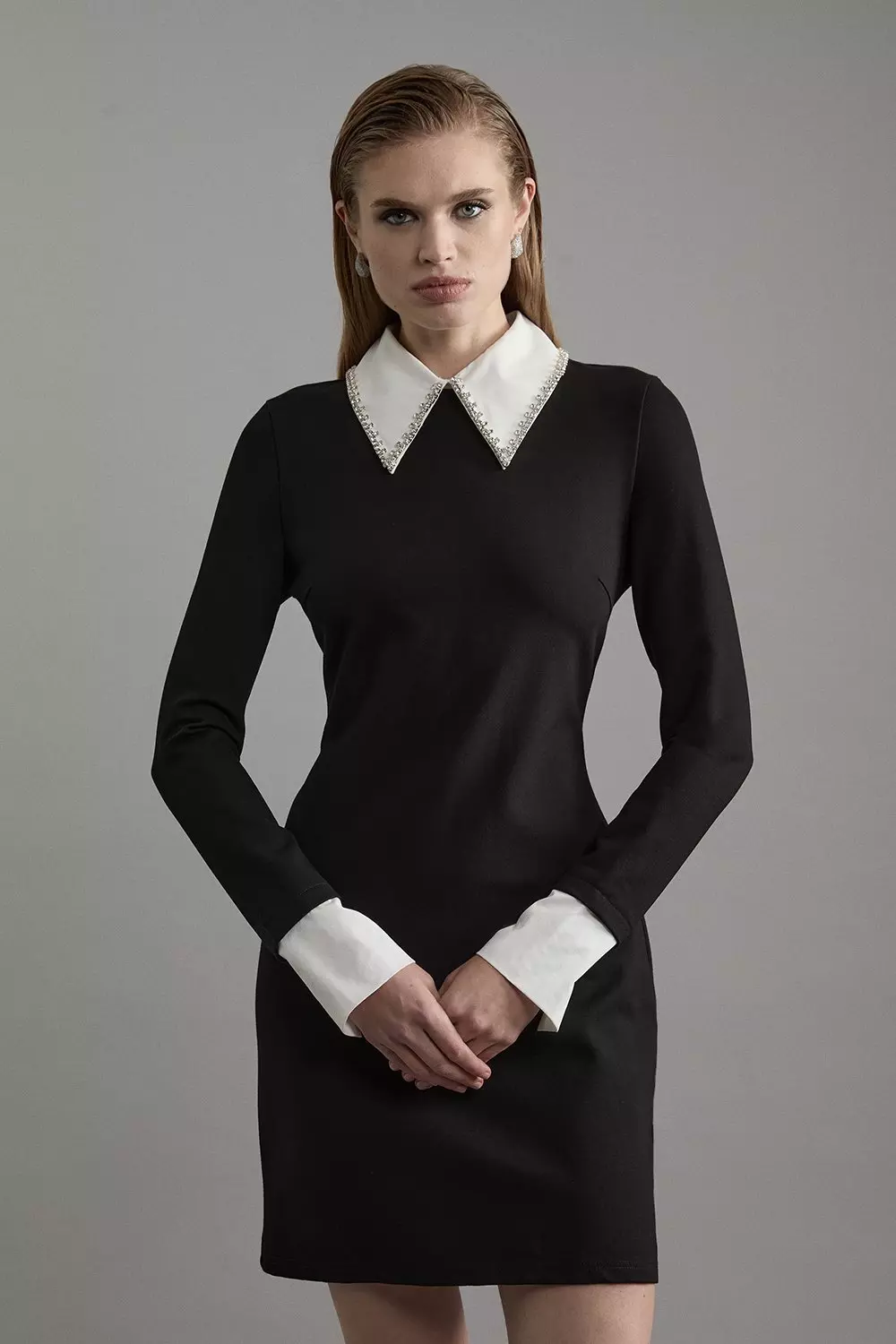 Long Sleeve Embellished Collar Mini Woven Dress Karen Millen