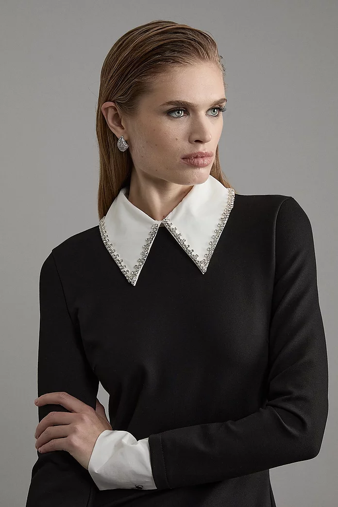 Long Sleeve Embellished Collar Mini Woven Dress | Karen Millen Long Sleeve Embellished Collar Mini Woven Dress | Karen Millen