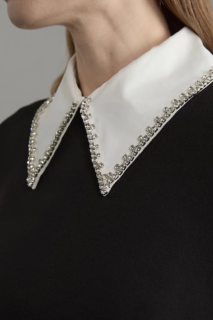 Long Sleeve Embellished Collar Mini Woven Dress | Karen Millen Long Sleeve Embellished Collar Mini Woven Dress | Karen Millen