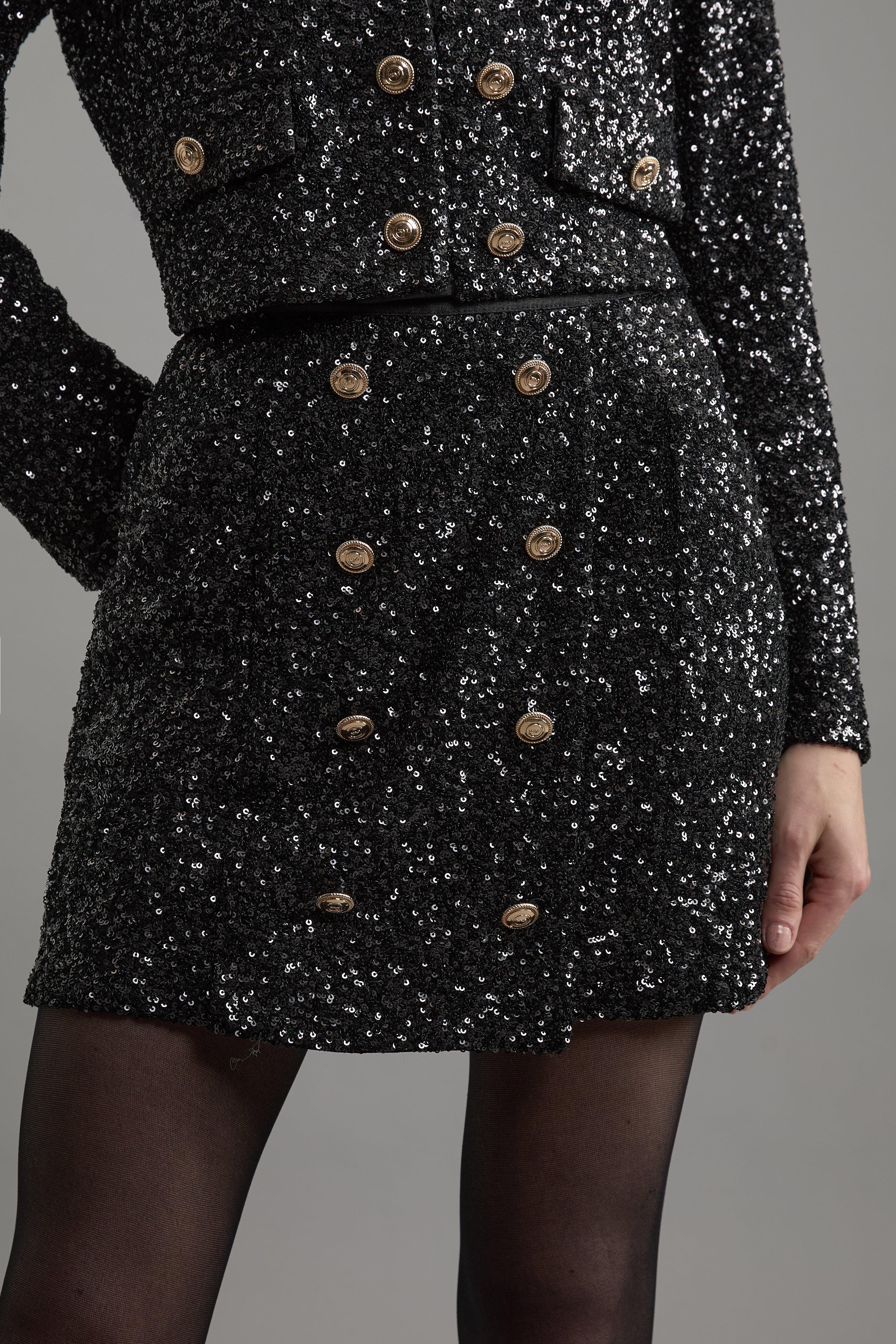 Black Sequin Tailored Wrap Over Mini Skirt