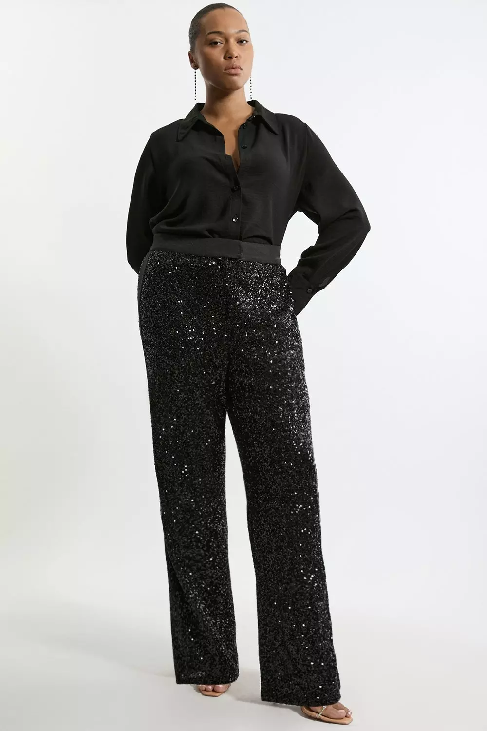 Black Plus Size Sequin High Waisted Wide Leg Trousers   alternative image