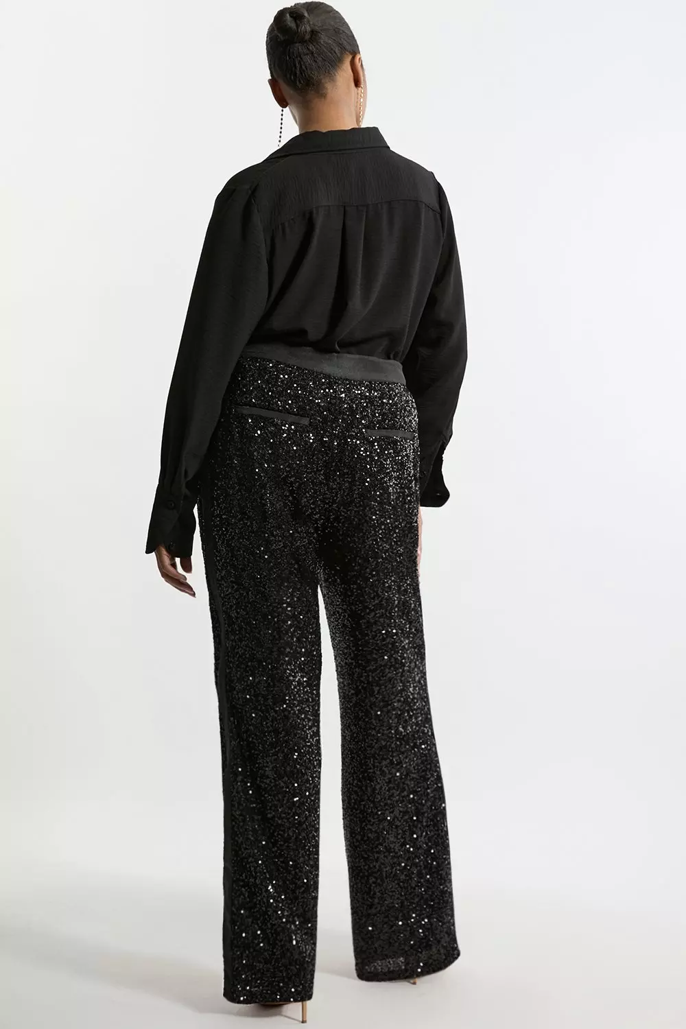 Black Plus Size Sequin High Waisted Wide Leg Trousers   alternative image