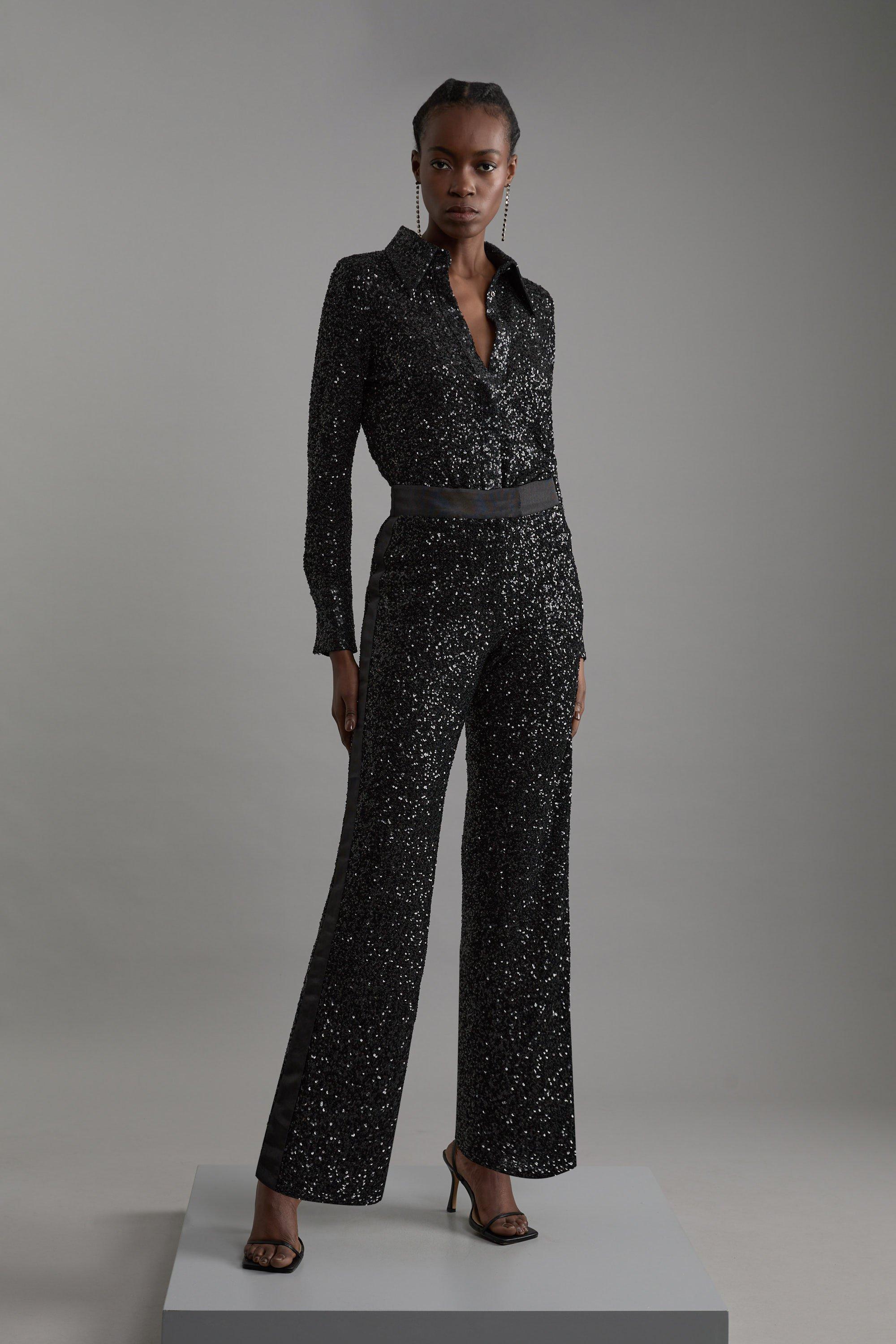 Black Petite Sequin High Waisted Wide Leg Trousers 