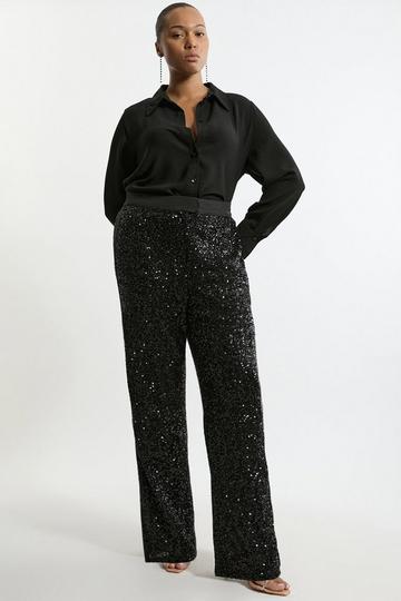 Black Petite Sequin High Waisted Wide Leg Pants