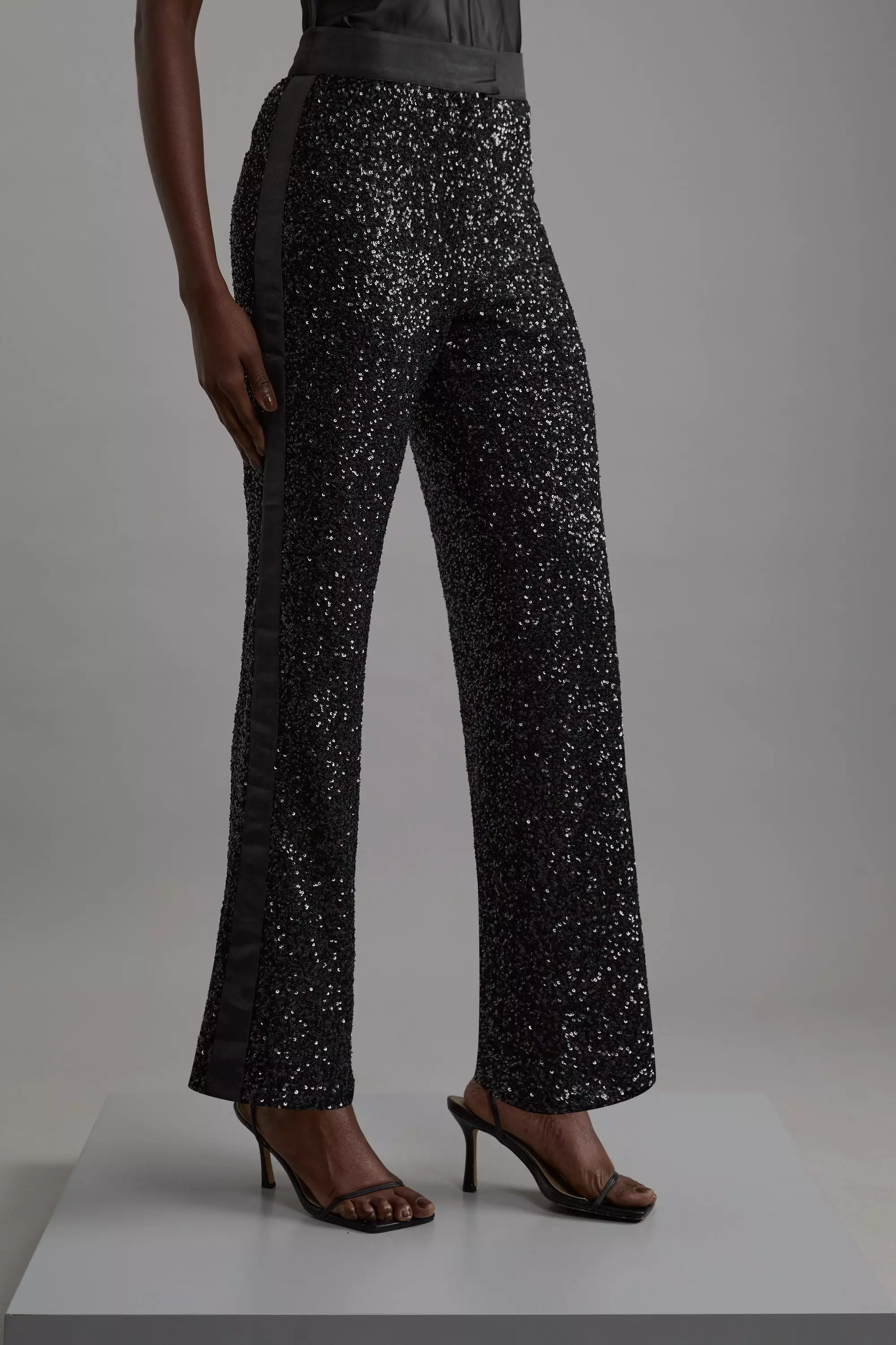 Petite Sequin High Waisted Straight Leg Trousers Karen Millen