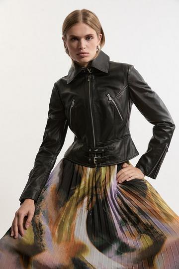 Leather Buckle Detail Zip Through Biker Jacket