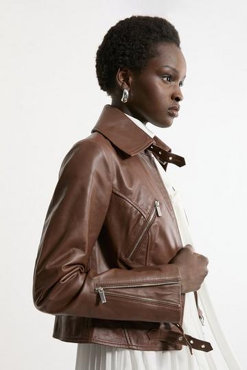 Leather Buckle Detail Zip Through Biker Jacket brown