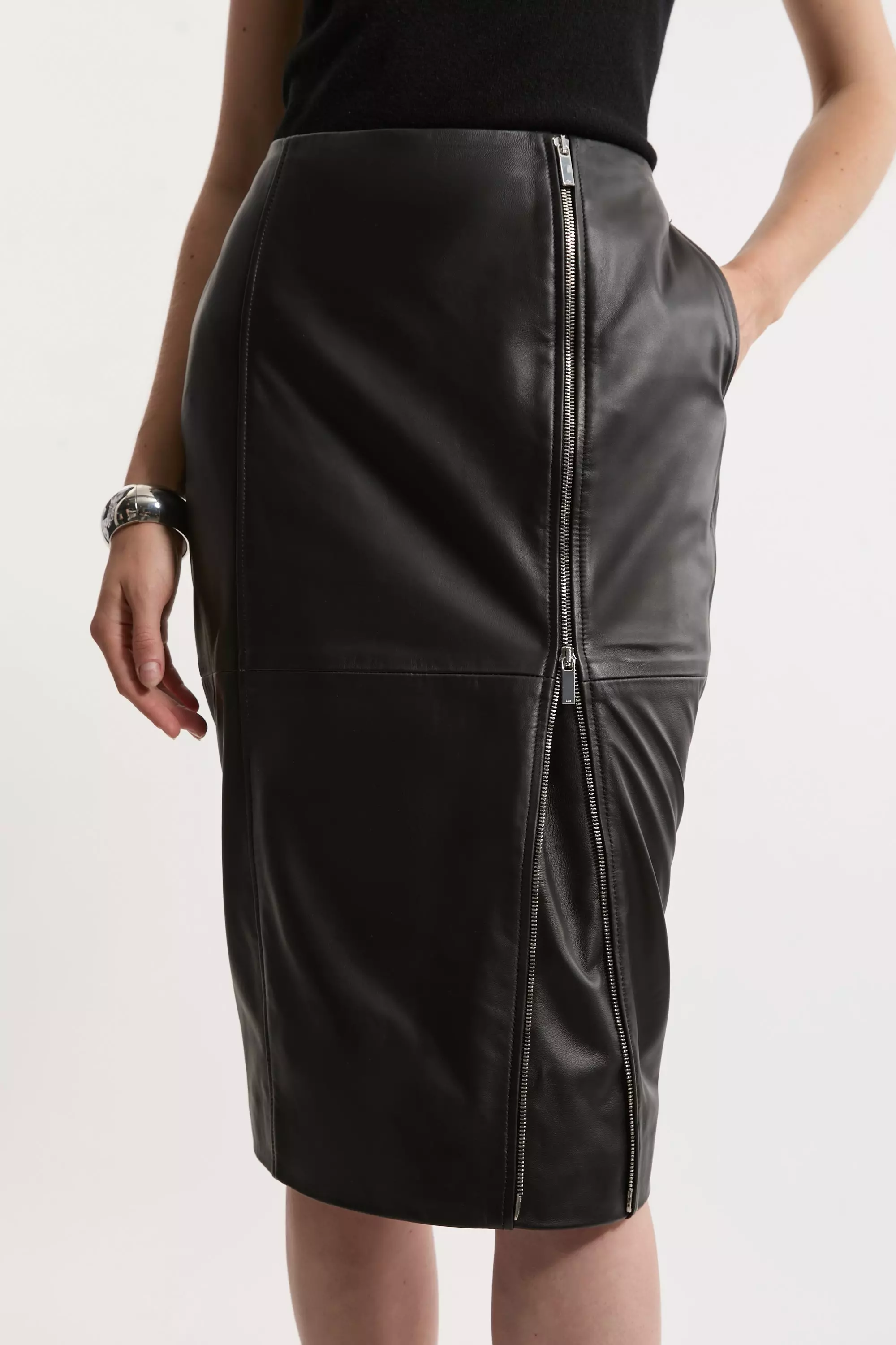 Black leather midi skirt with zip shop