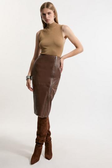 Brown Leather Double Zip Pencil Midi Skirt