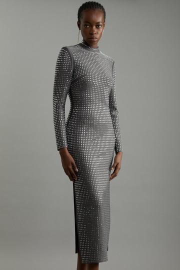 Grey Petite Figure Form Bandage Knit All Over Embellished Maxi Dress