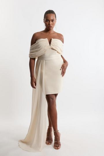 Plus Size Figure Form Bandage Knit Woven Off The Shoulder And Skirt Detail Dress neutral