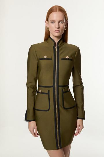 Figure Form Bandage Knit Piping Detail Military Dress olive