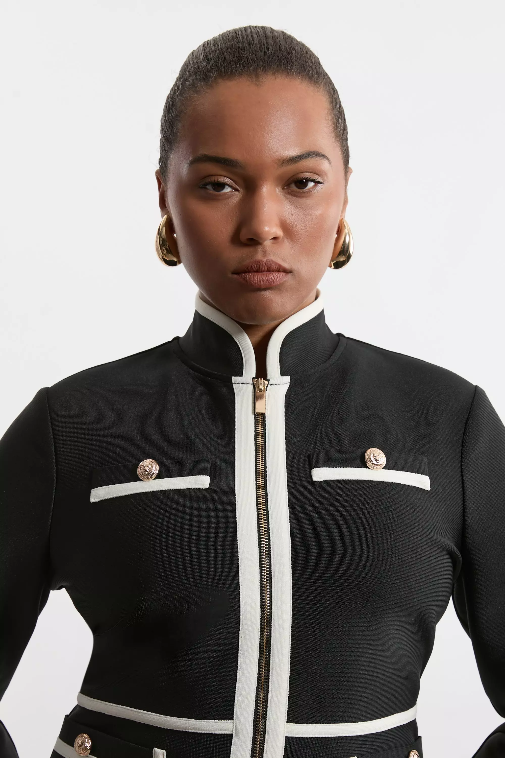 Plus Size Figure Form Bandage Knit Piping Detail Military