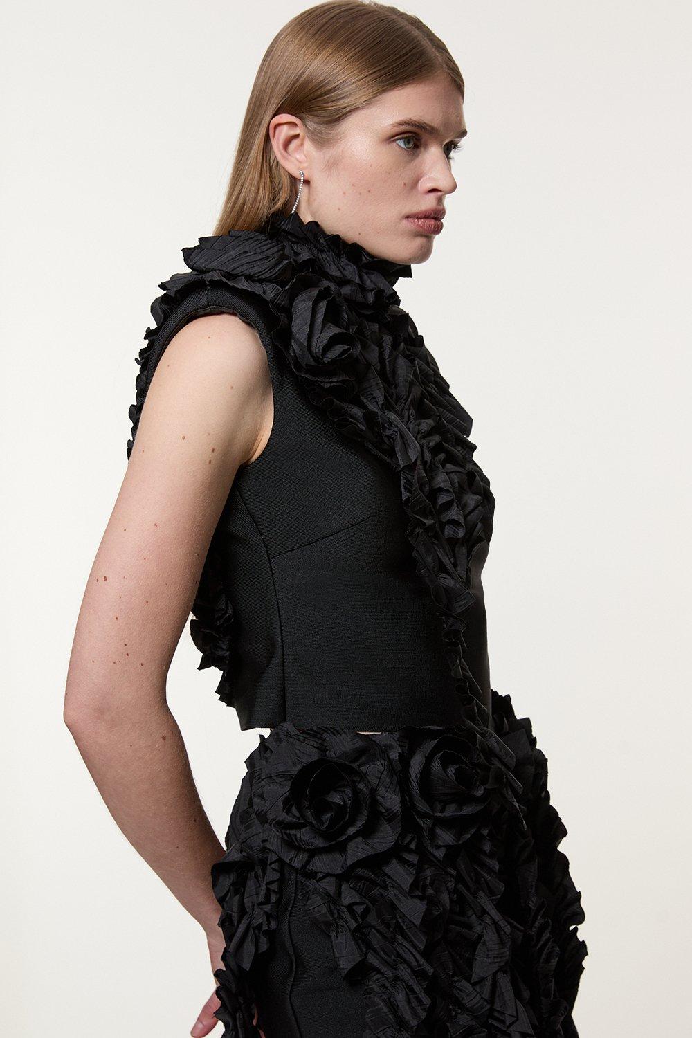 Black Figure Form Bandage Knit Woven Rosette Detail Top