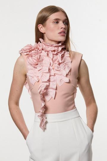 Figure Form Bandage Knit Woven Rosette Detail Top blush