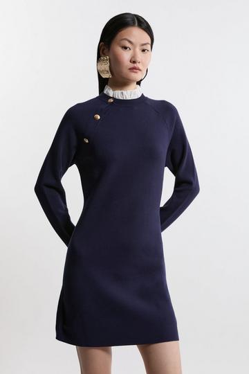 Milano Knit Viscose Blend Woven Collar Mini Dress navy