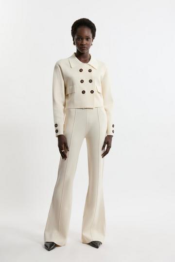 Cream White Milano Knit Pocket And Zip Kick Flare Knitted Trousers With Seam Detail