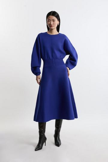 Compact Wool Look Milano Knit Round Sleeve Midi Dress cobalt