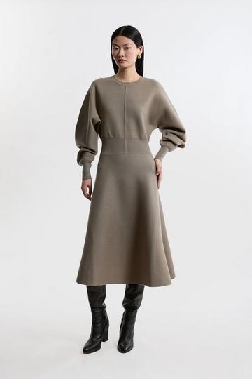 Compact Wool Look Milano Knit Round Sleeve Midi Dress sage