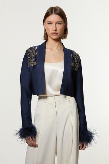 Figure Form Bandage Embellished Feather Cuff Crop Knit Jacket navy