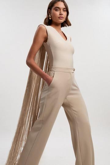 Silver Figure Form Bandage Knit Long Tassel Cape Top