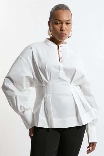 White Plus Size Poplin Balloon Sleeve Pintuck Woven Shirt