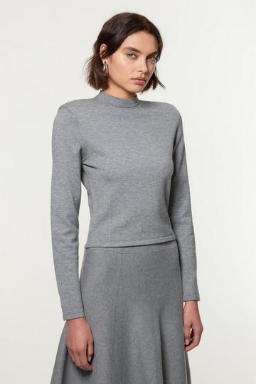 Wool Look Power Shoulder Long Sleeve Knit Top grey marl