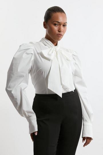 White Lydia Millen Plus Size Drama Sleeve High Neck Woven Cotton Shirt